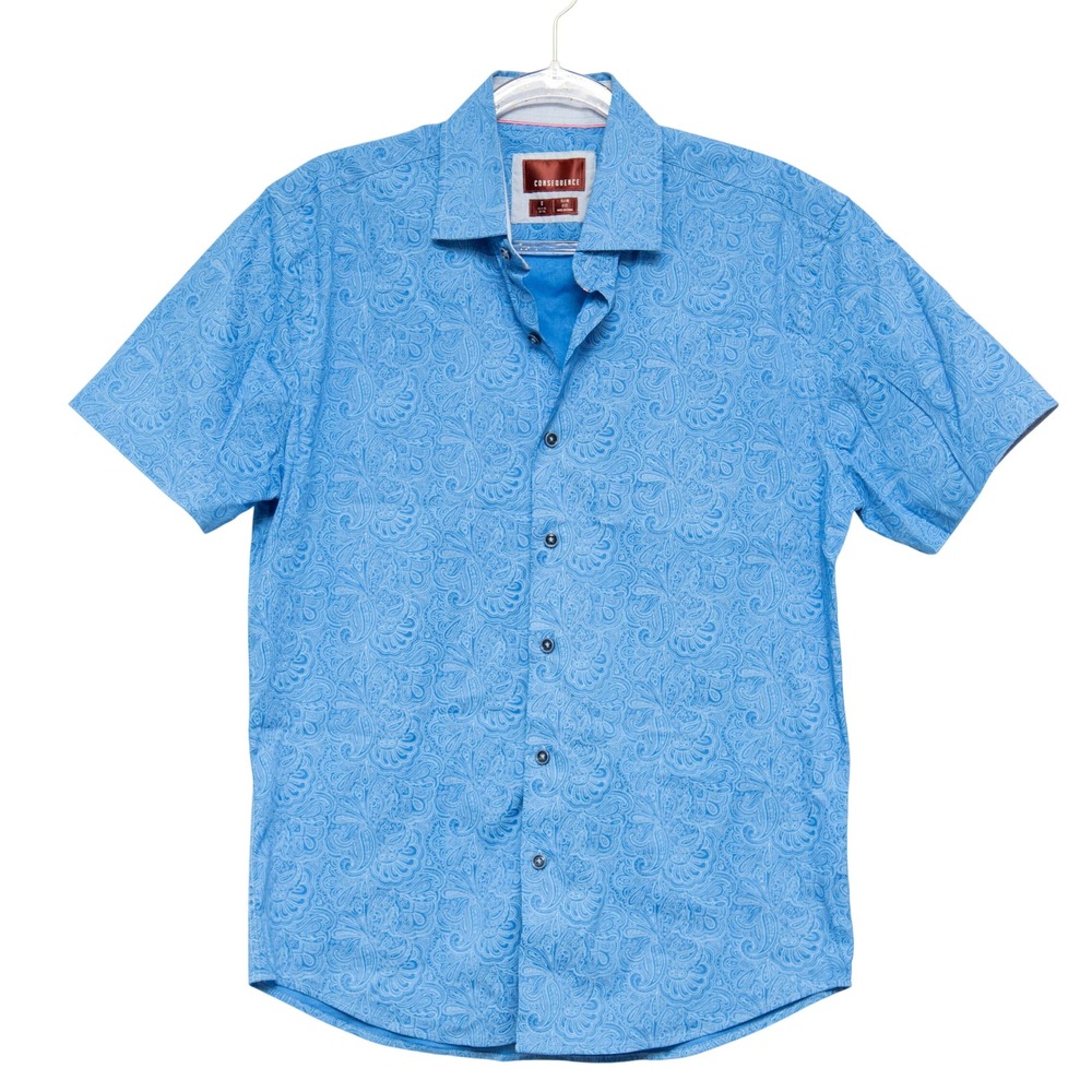Consequence Men S Blue Paisley Slim Fit Dress Shirt Abstract Pattern Button Down - Picture 2 of 5